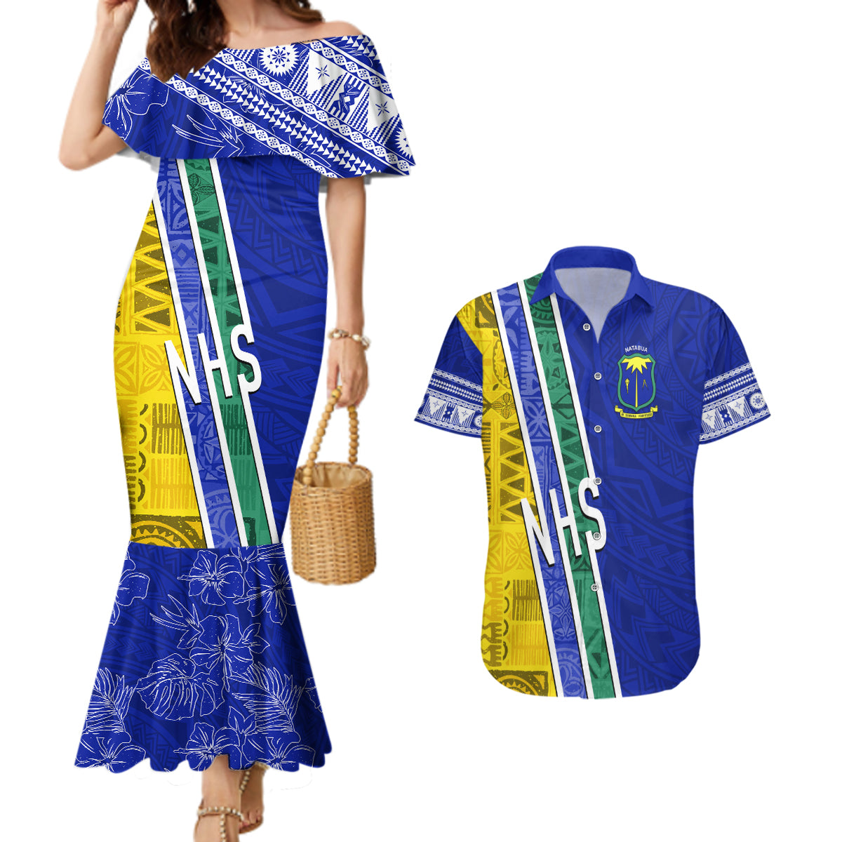 Personalised Fiji Natabua High School Couples Matching Mermaid Dress and Hawaiian Shirt Kaviti Tapa Mix Colors Proud NHS LT7 Blue - Polynesian Pride