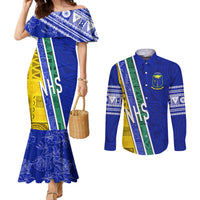 Personalised Fiji Natabua High School Couples Matching Mermaid Dress and Long Sleeve Button Shirts Kaviti Tapa Mix Colors Proud NHS LT7 Blue - Polynesian Pride