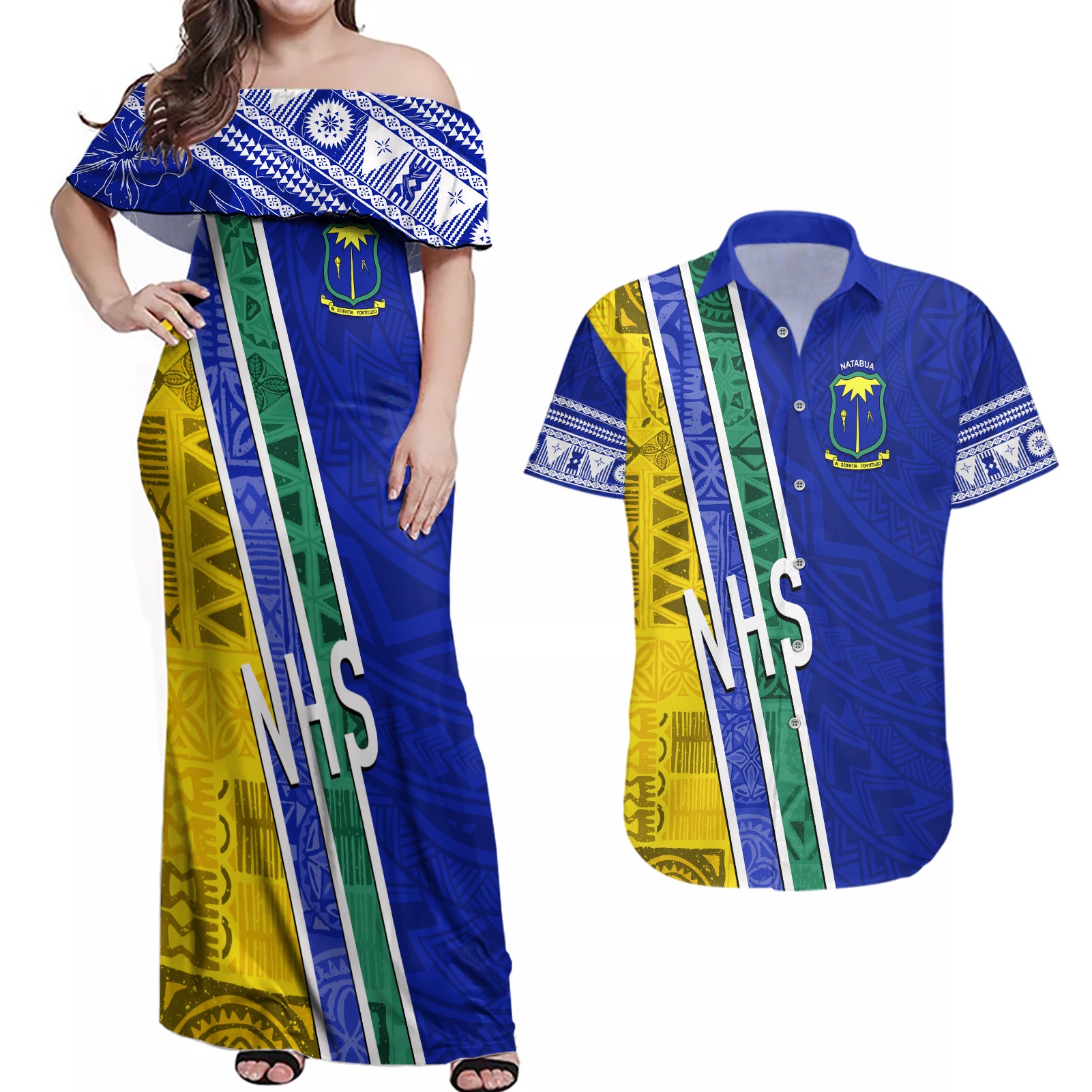 Personalised Fiji Natabua High School Couples Matching Off Shoulder Maxi Dress and Hawaiian Shirt Kaviti Tapa Mix Colors Proud NHS LT7 Blue - Polynesian Pride