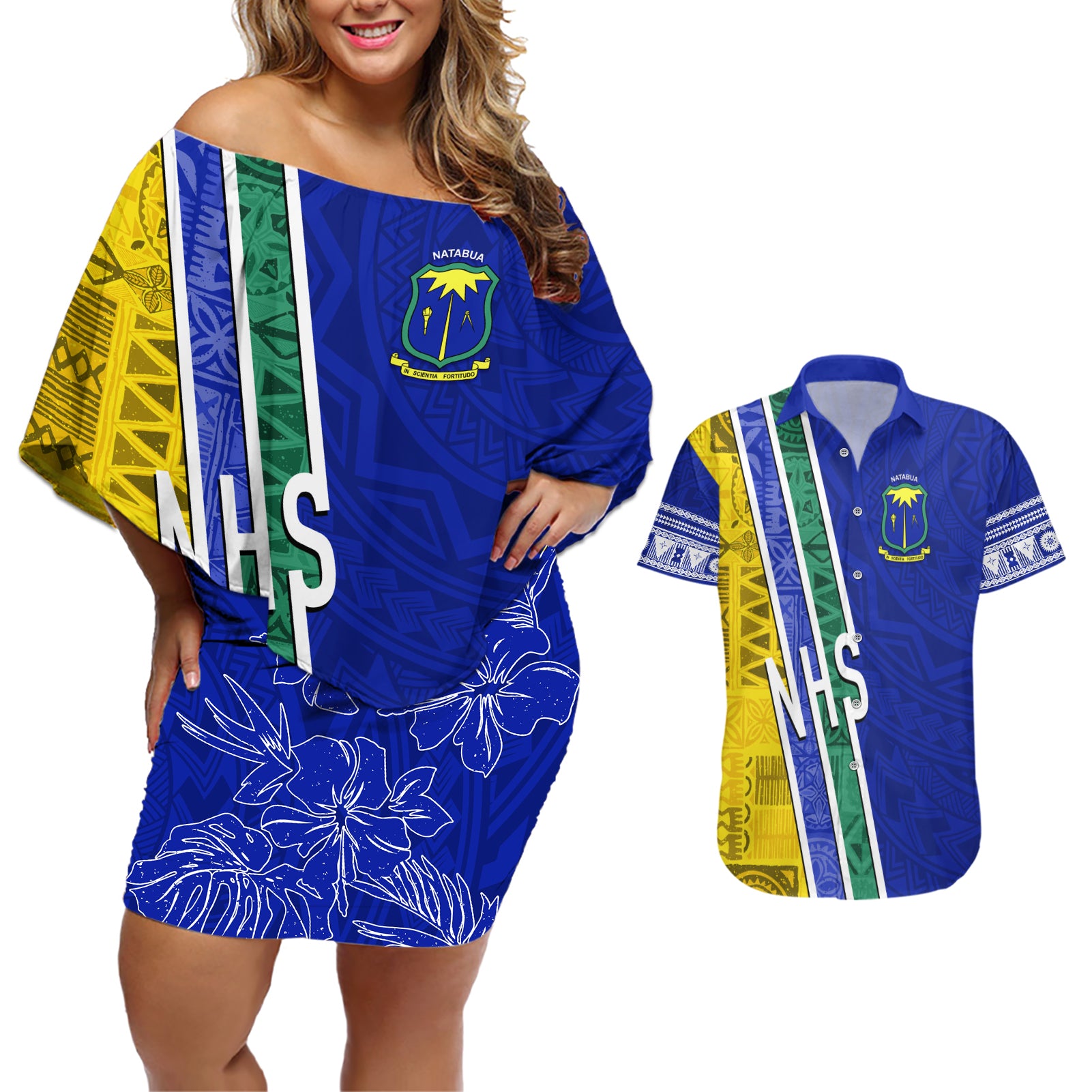 Personalised Fiji Natabua High School Couples Matching Off Shoulder Short Dress and Hawaiian Shirt Kaviti Tapa Mix Colors Proud NHS LT7 Blue - Polynesian Pride