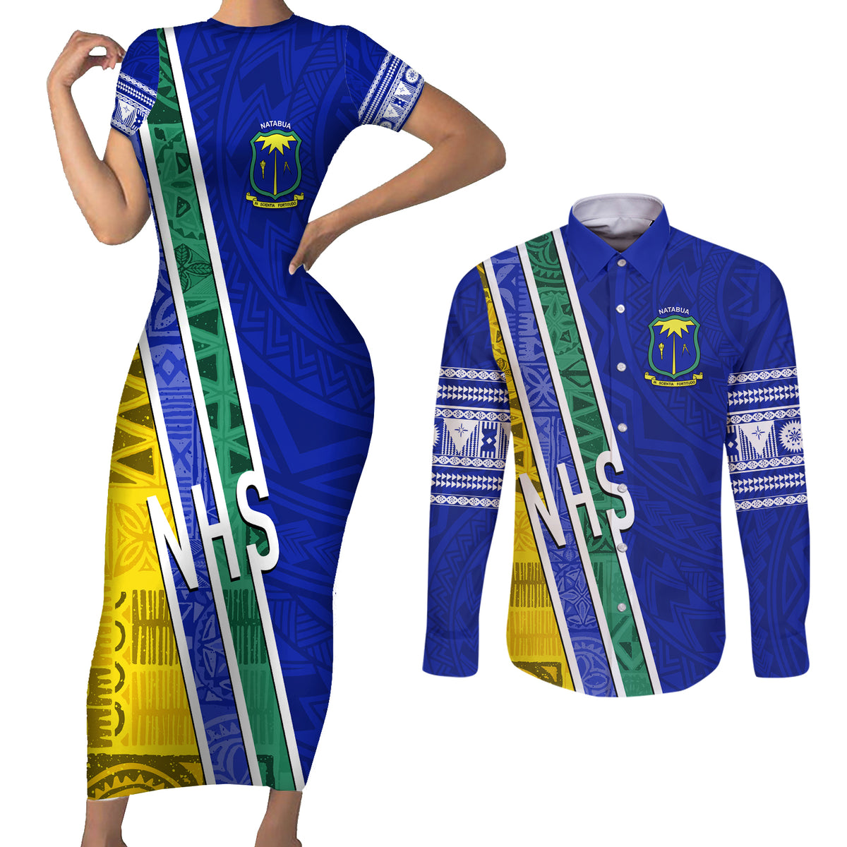 Personalised Fiji Natabua High School Couples Matching Short Sleeve Bodycon Dress and Long Sleeve Button Shirts Kaviti Tapa Mix Colors Proud NHS LT7 Blue - Polynesian Pride