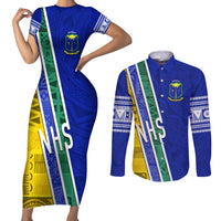 Personalised Fiji Natabua High School Couples Matching Short Sleeve Bodycon Dress and Long Sleeve Button Shirts Kaviti Tapa Mix Colors Proud NHS LT7 Blue - Polynesian Pride