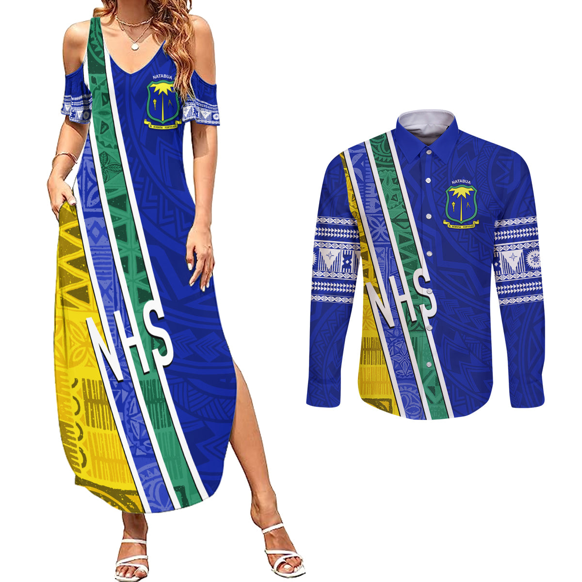 Personalised Fiji Natabua High School Couples Matching Summer Maxi Dress and Long Sleeve Button Shirts Kaviti Tapa Mix Colors Proud NHS LT7 Blue - Polynesian Pride