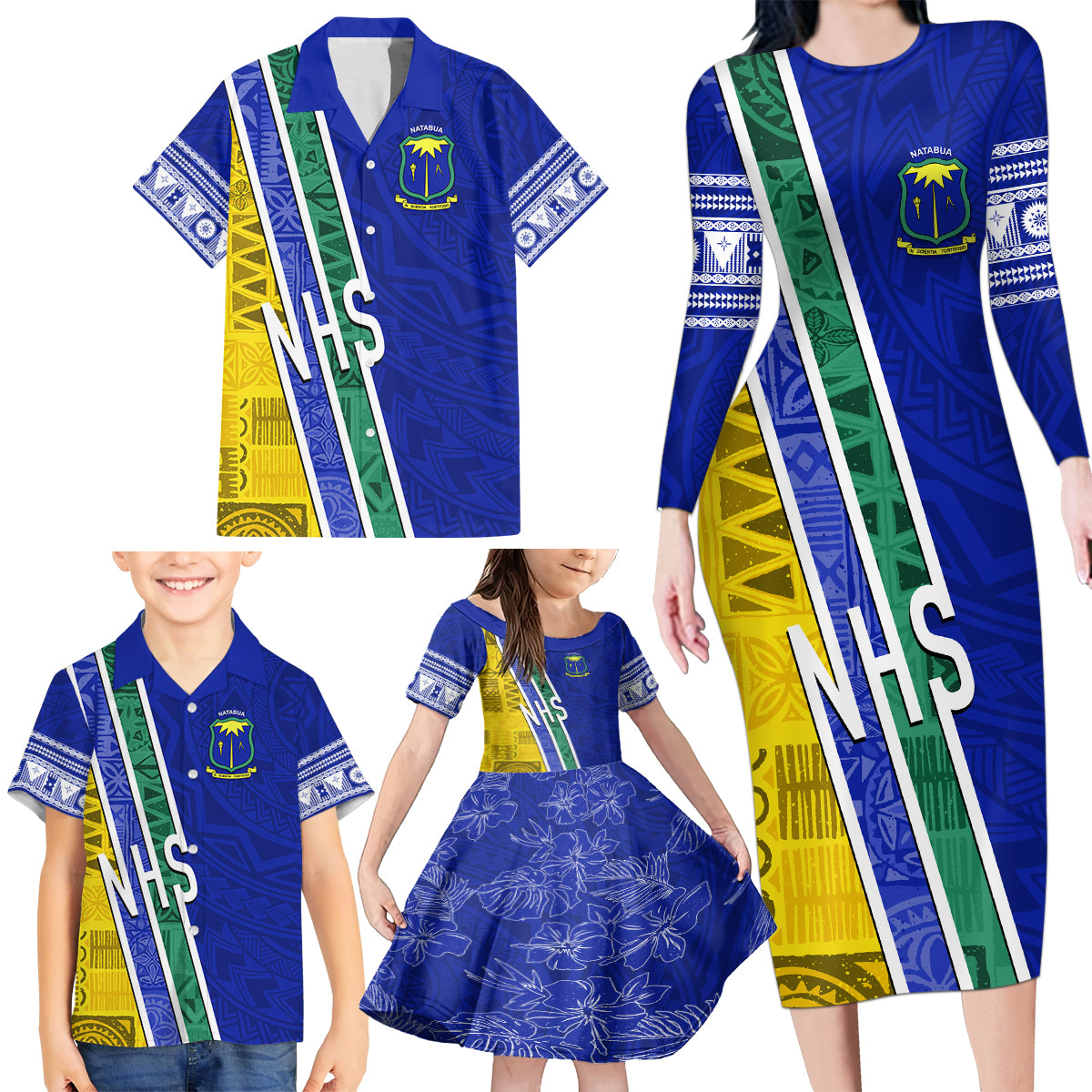 Personalised Fiji Natabua High School Family Matching Long Sleeve Bodycon Dress and Hawaiian Shirt Kaviti Tapa Mix Colors Proud NHS LT7 - Polynesian Pride