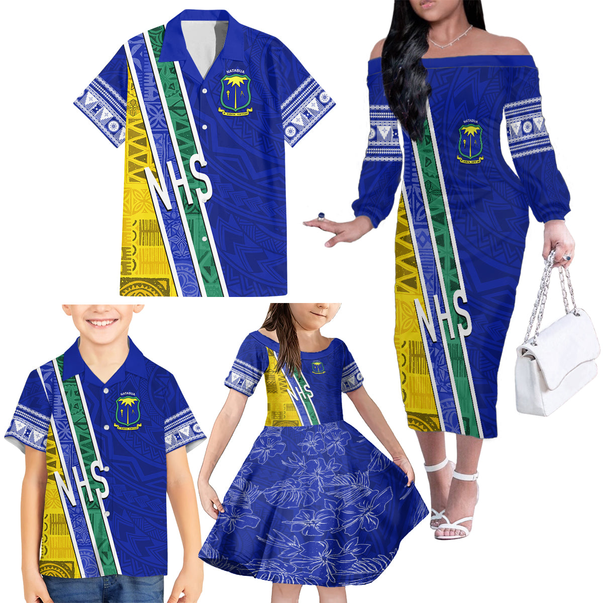 Personalised Fiji Natabua High School Family Matching Off Shoulder Long Sleeve Dress and Hawaiian Shirt Kaviti Tapa Mix Colors Proud NHS LT7 - Polynesian Pride