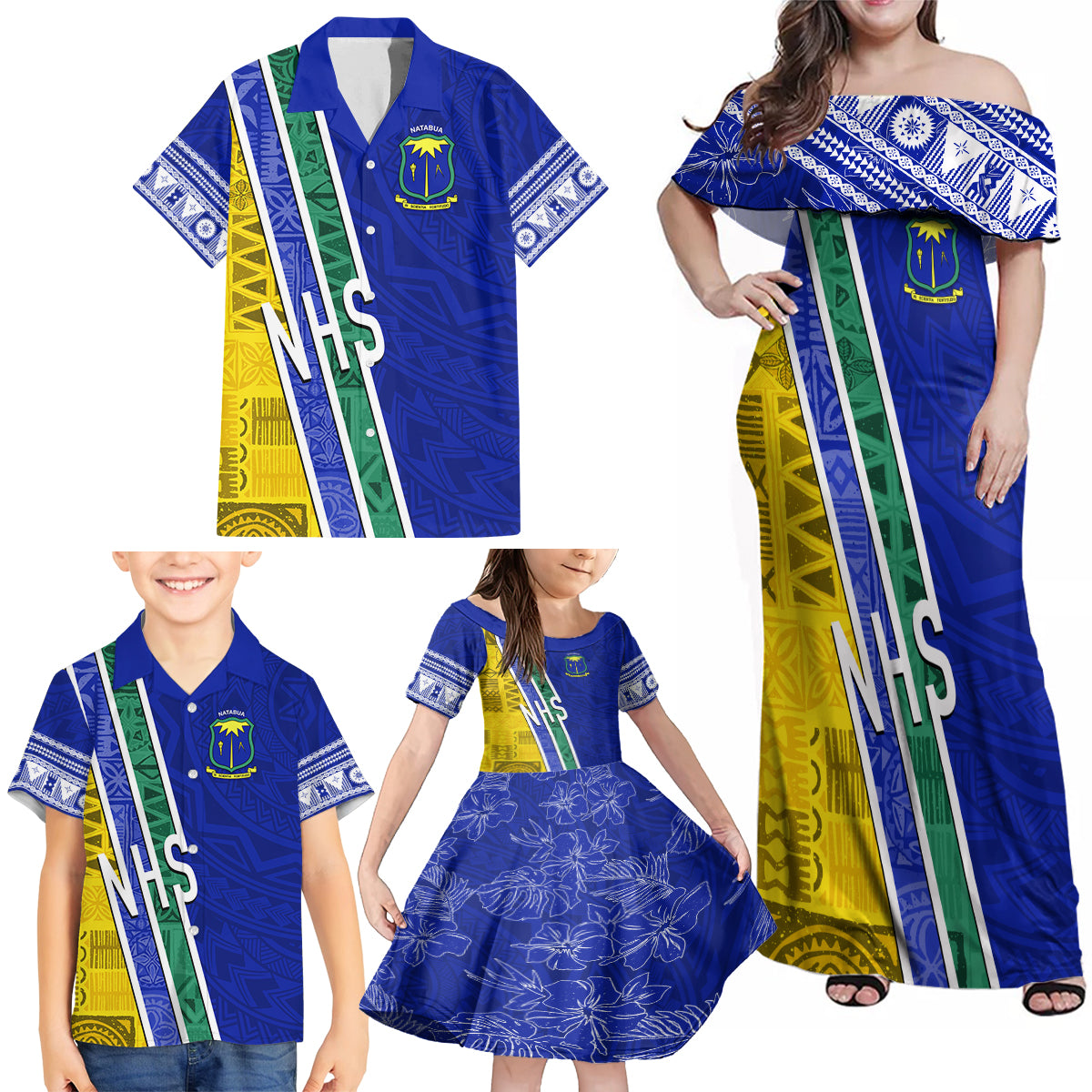 Personalised Fiji Natabua High School Family Matching Off Shoulder Maxi Dress and Hawaiian Shirt Kaviti Tapa Mix Colors Proud NHS LT7 - Polynesian Pride