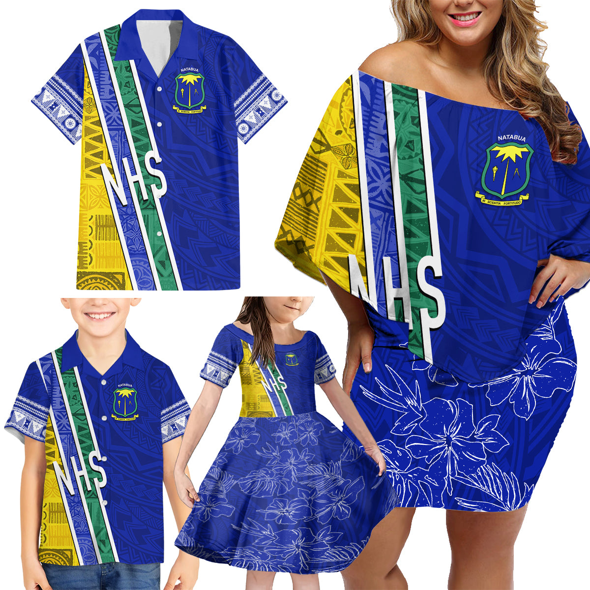 Personalised Fiji Natabua High School Family Matching Off Shoulder Short Dress and Hawaiian Shirt Kaviti Tapa Mix Colors Proud NHS LT7 - Polynesian Pride