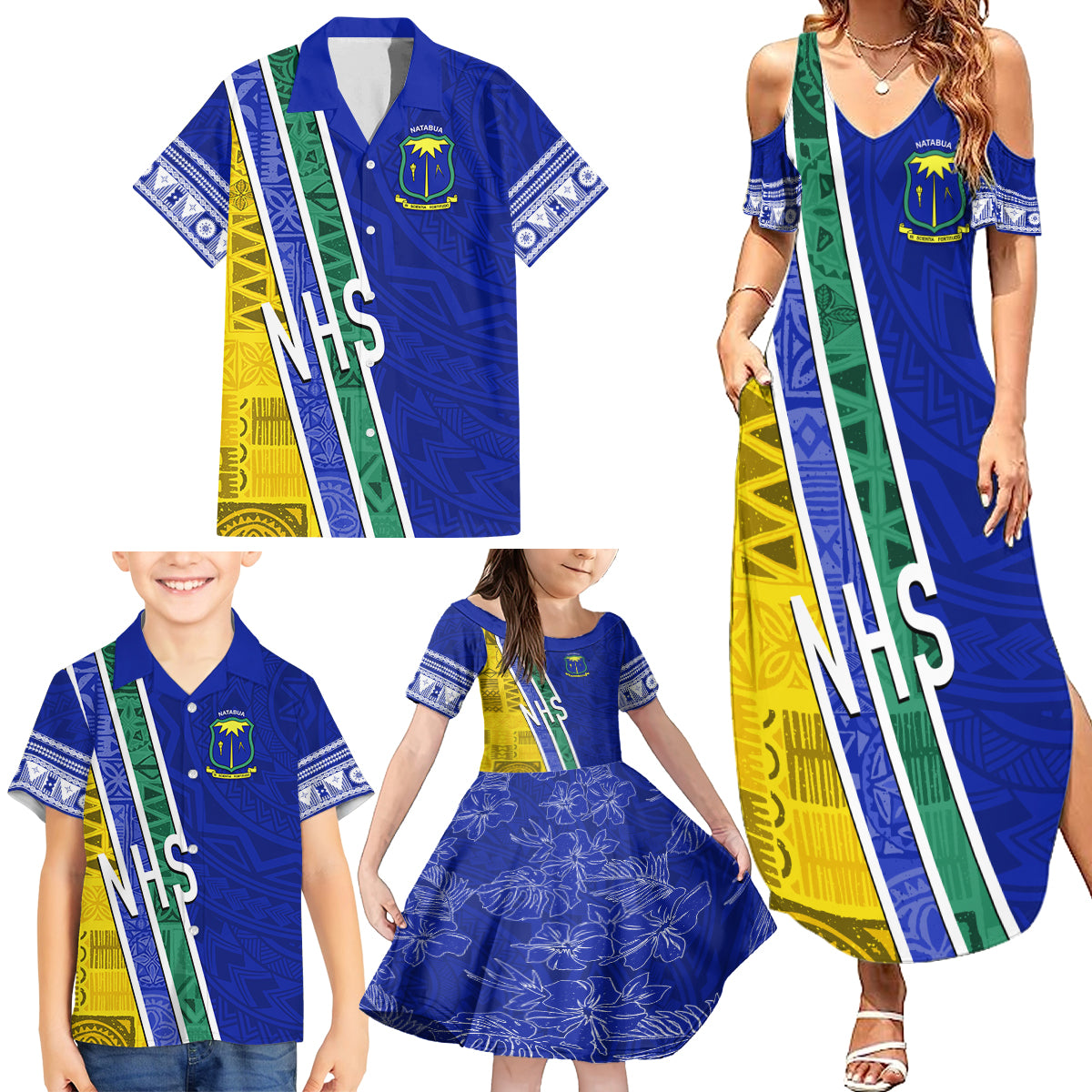 Personalised Fiji Natabua High School Family Matching Summer Maxi Dress and Hawaiian Shirt Kaviti Tapa Mix Colors Proud NHS LT7 - Polynesian Pride