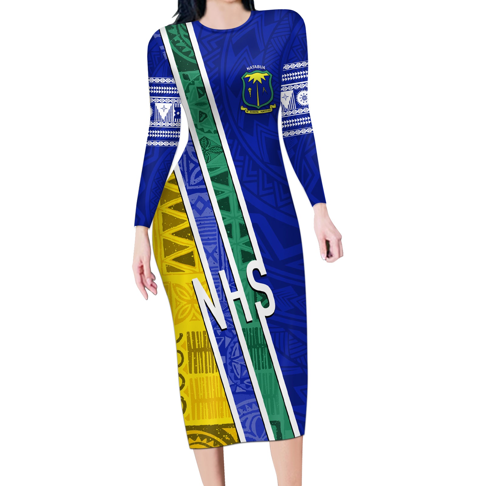 Personalised Fiji Natabua High School Long Sleeve Bodycon Dress Kaviti Tapa Mix Colors Proud NHS LT7 Long Dress Blue - Polynesian Pride