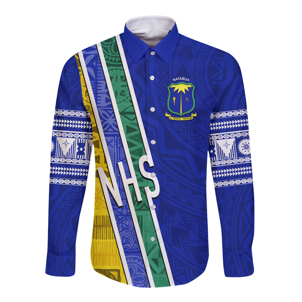 Personalised Fiji Natabua High School Long Sleeve Button Shirt Kaviti Tapa Mix Colors Proud NHS LT7 Unisex Blue - Polynesian Pride