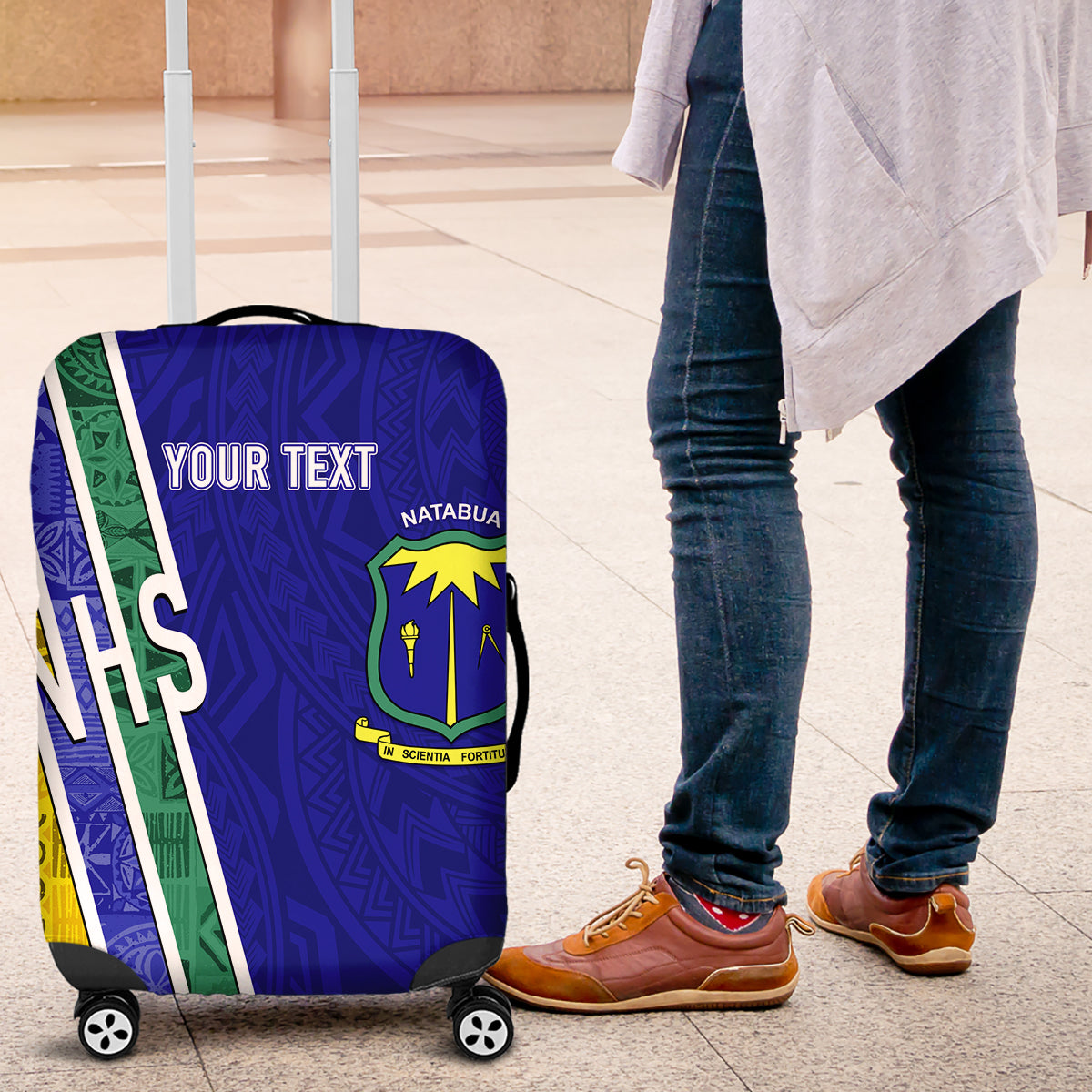 Personalised Fiji Natabua High School Luggage Cover Kaviti Tapa Mix Colors Proud NHS LT7 Blue - Polynesian Pride
