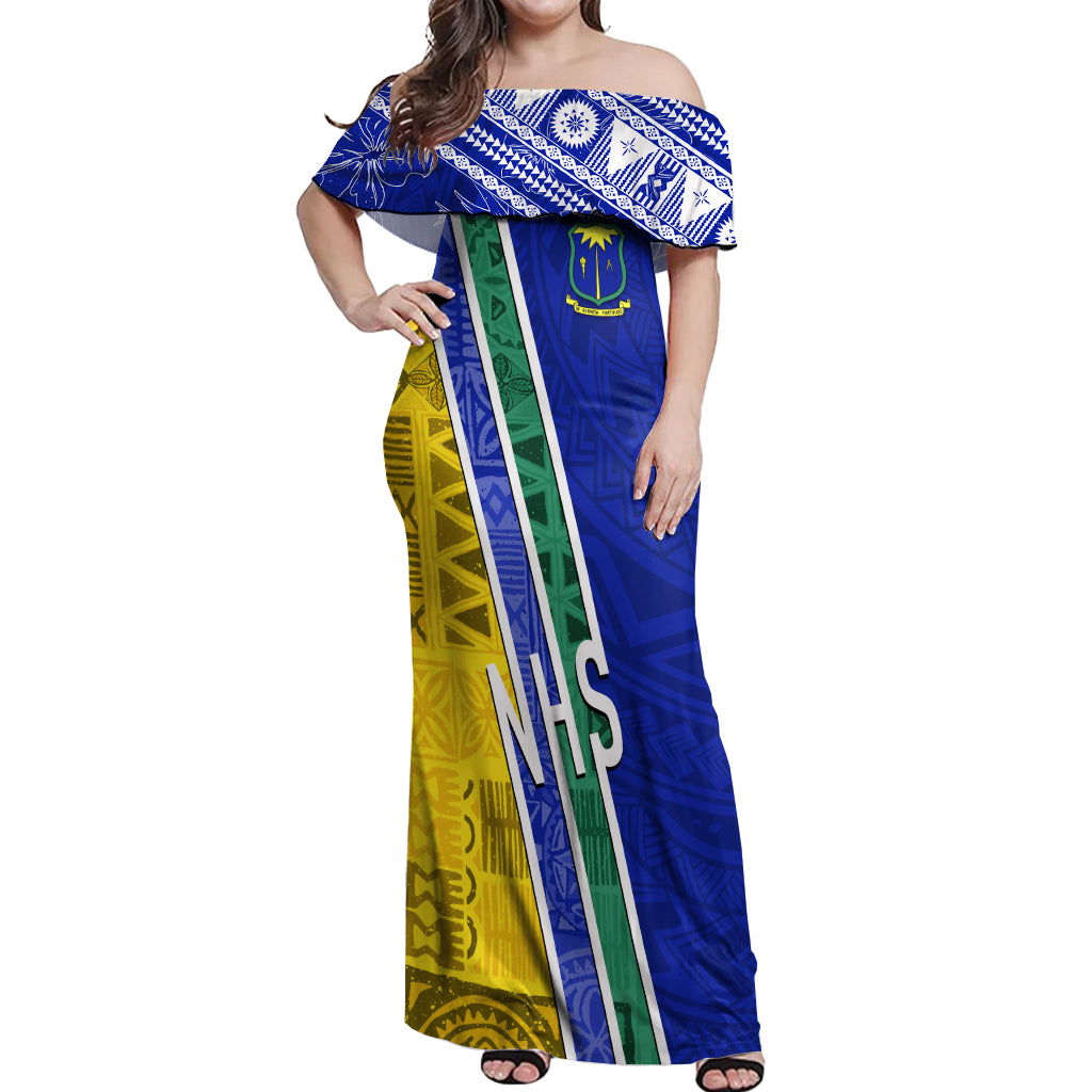 Personalised Fiji Natabua High School Off Shoulder Maxi Dress Kaviti Tapa Mix Colors Proud NHS LT7 Women Blue - Polynesian Pride