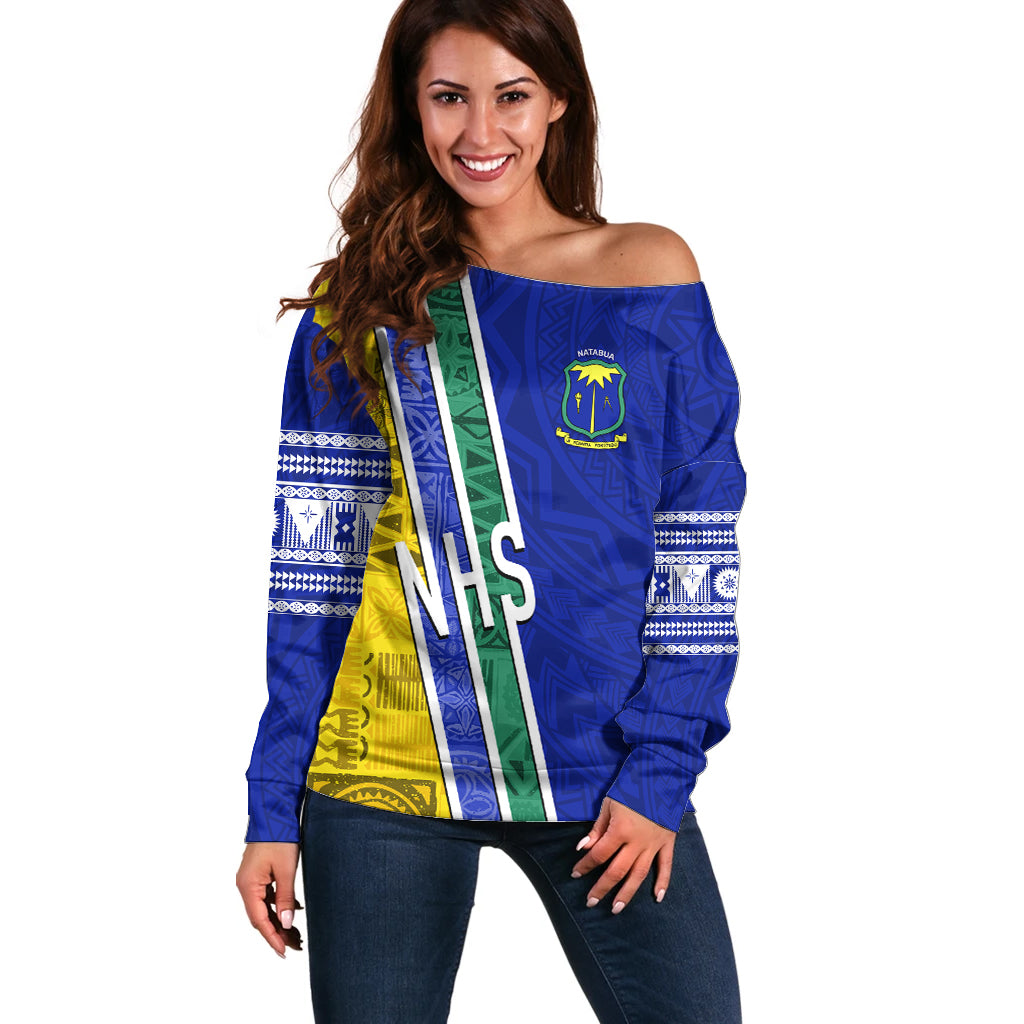 Personalised Fiji Natabua High School Off Shoulder Sweater Kaviti Tapa Mix Colors Proud NHS LT7 Women Blue - Polynesian Pride