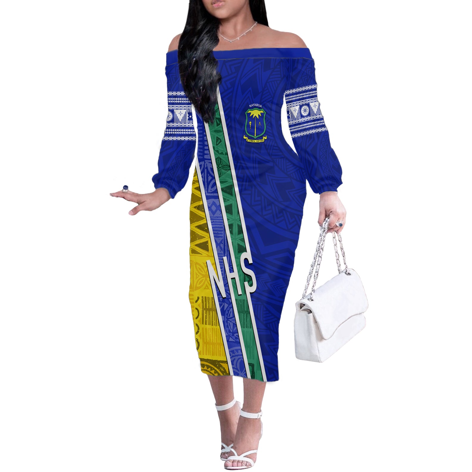 Personalised Fiji Natabua High School Off The Shoulder Long Sleeve Dress Kaviti Tapa Mix Colors Proud NHS LT7 Women Blue - Polynesian Pride