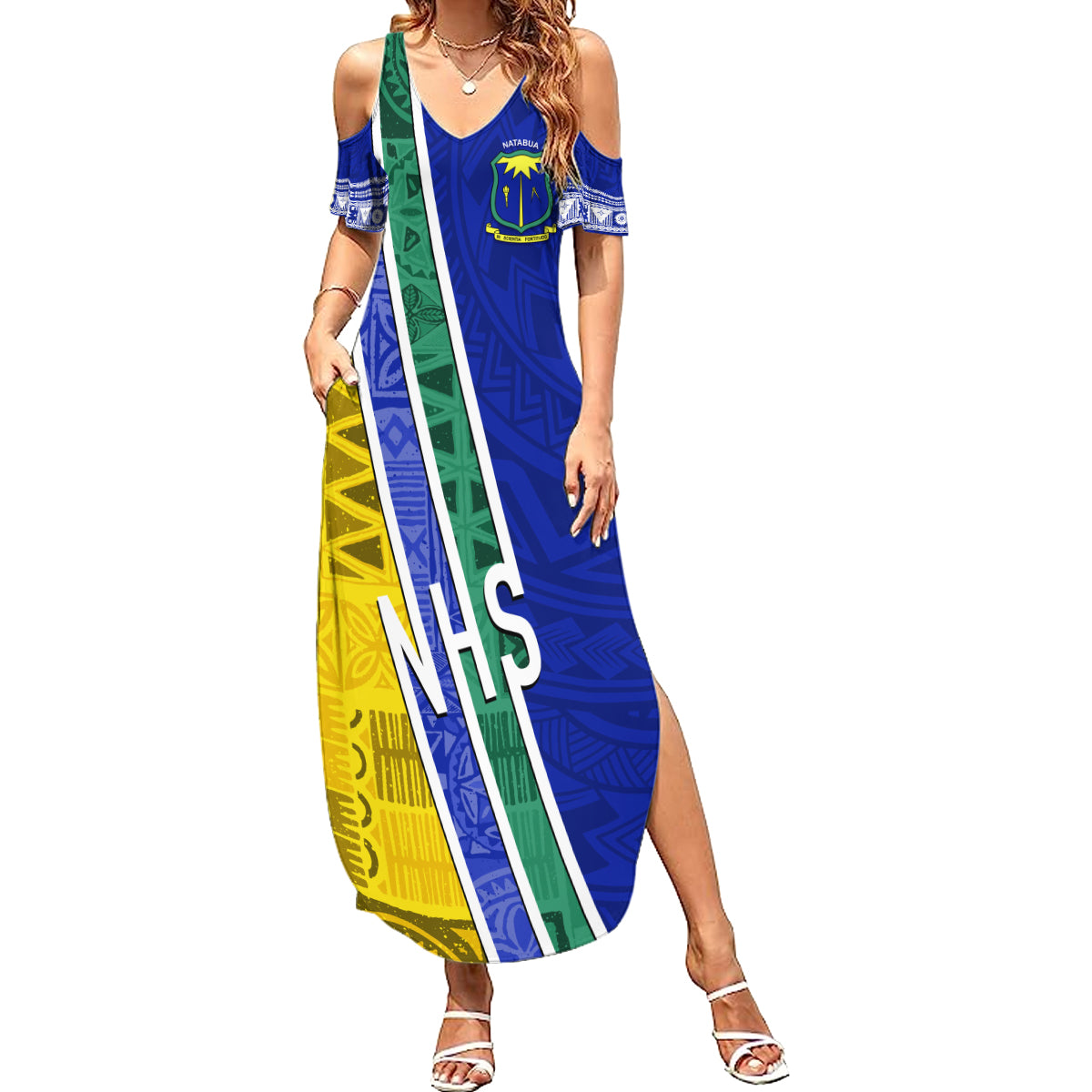 Personalised Fiji Natabua High School Summer Maxi Dress Kaviti Tapa Mix Colors Proud NHS LT7 Women Blue - Polynesian Pride