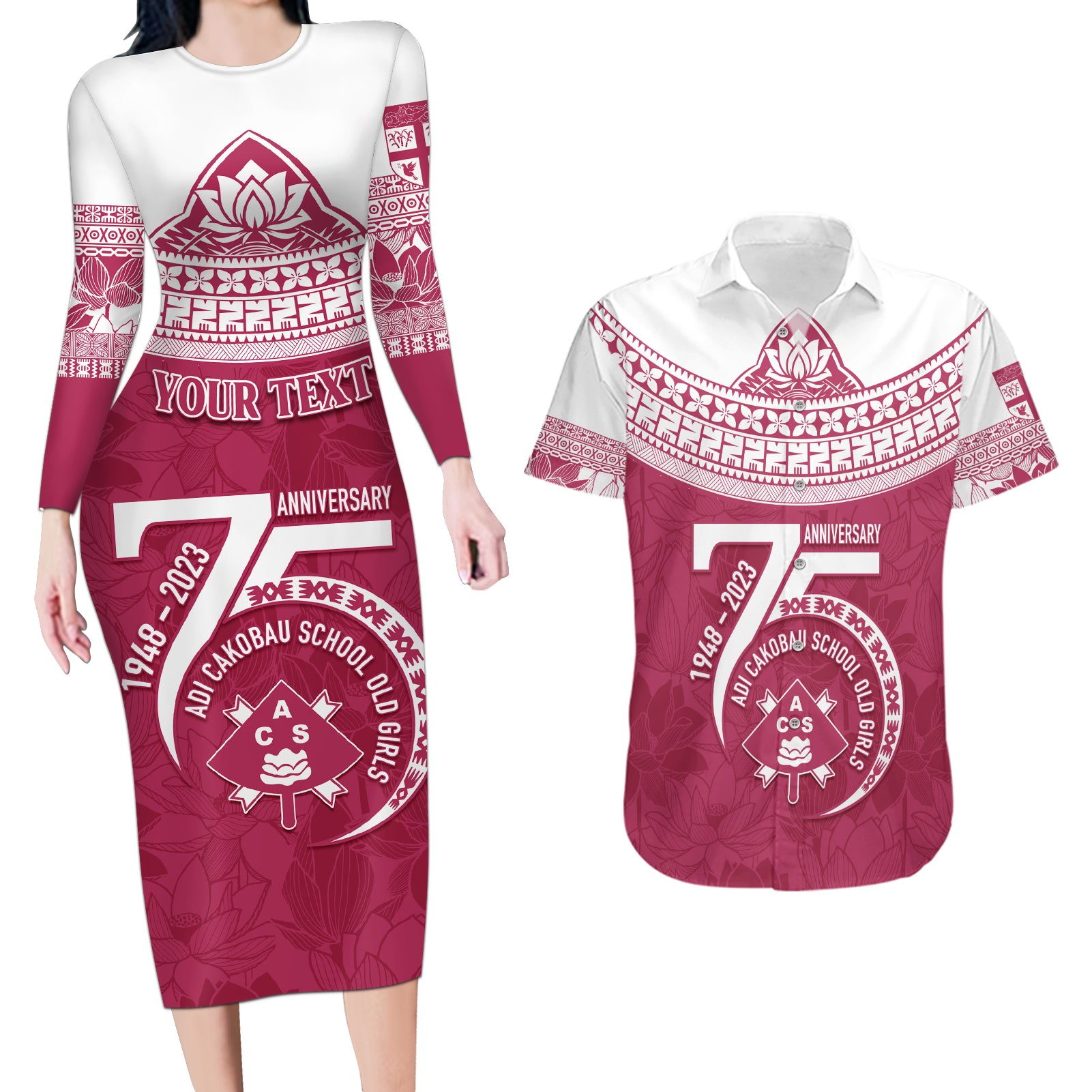 Personalised Fiji Adi Cakobau School Couples Matching Long Sleeve Bodycon Dress and Hawaiian Shirt ACS Old Girls Lotus Mix Masi LT7 Crimson - Polynesian Pride