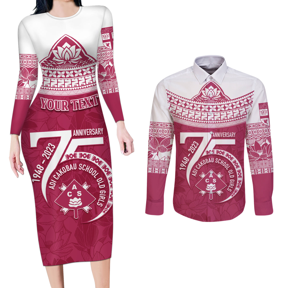 Personalised Fiji Adi Cakobau School Couples Matching Long Sleeve Bodycon Dress and Long Sleeve Button Shirts ACS Old Girls Lotus Mix Masi LT7 Crimson - Polynesian Pride
