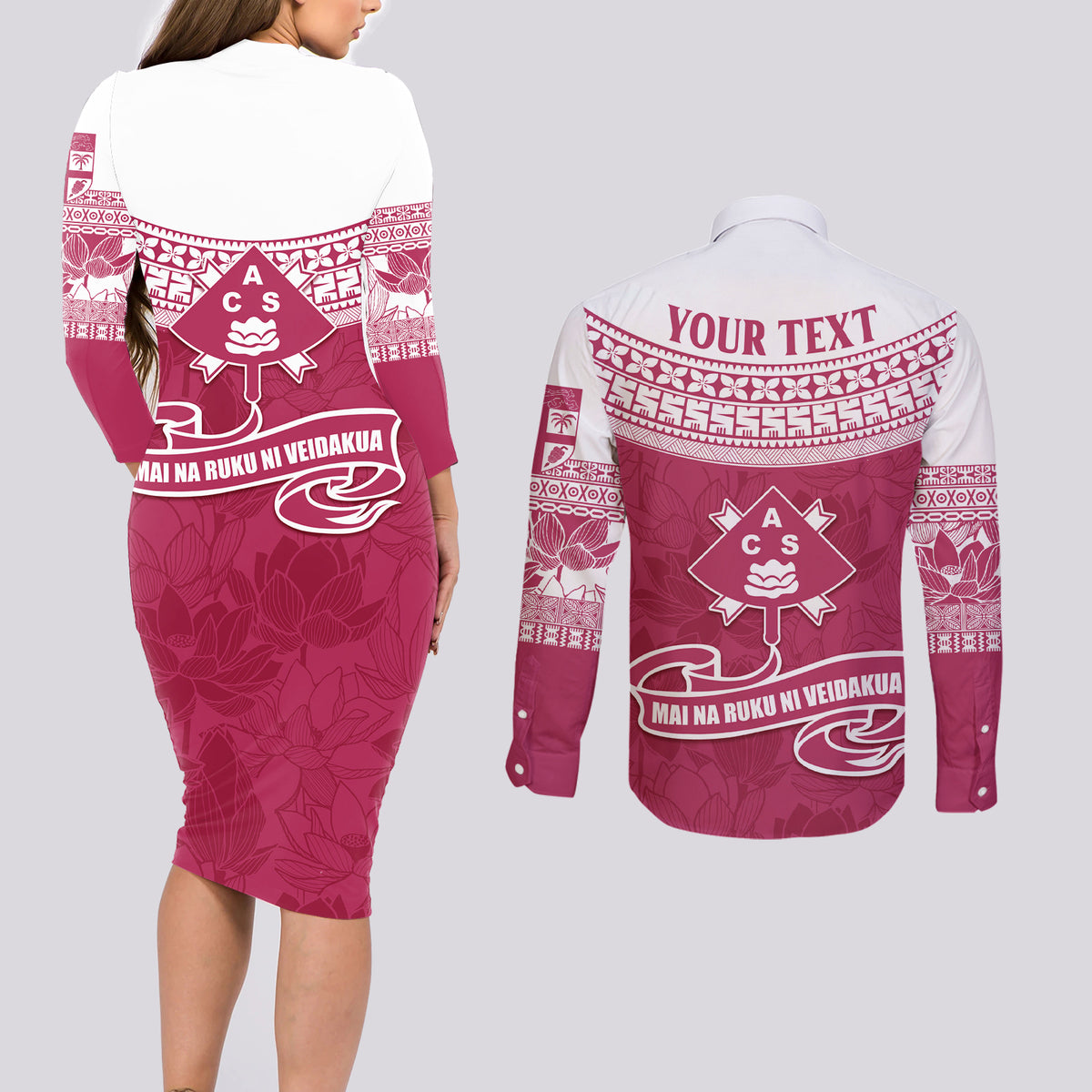 Personalised Fiji Adi Cakobau School Couples Matching Long Sleeve Bodycon Dress and Long Sleeve Button Shirts ACS Old Girls Lotus Mix Masi LT7 - Polynesian Pride