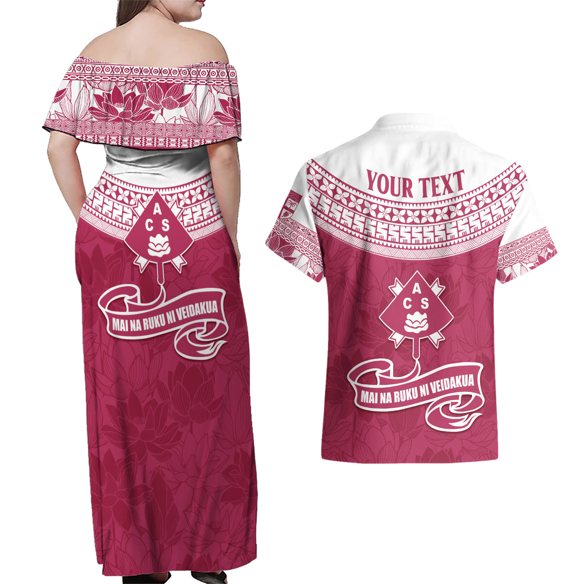 Personalised Fiji Adi Cakobau School Couples Matching Off Shoulder Maxi Dress and Hawaiian Shirt ACS Old Girls Lotus Mix Masi LT7 - Polynesian Pride