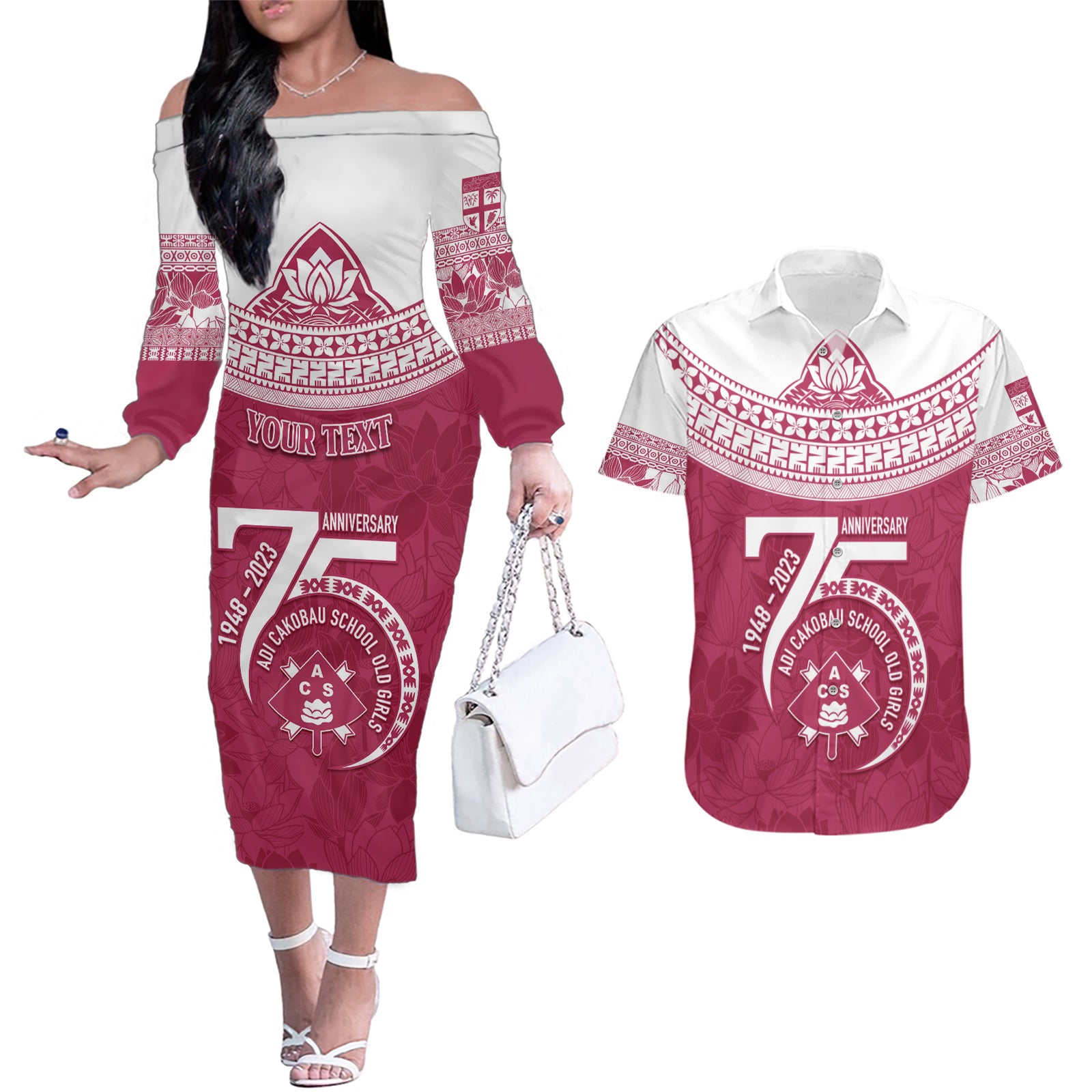 Personalised Fiji Adi Cakobau School Couples Matching Off The Shoulder Long Sleeve Dress and Hawaiian Shirt ACS Old Girls Lotus Mix Masi LT7 Crimson - Polynesian Pride