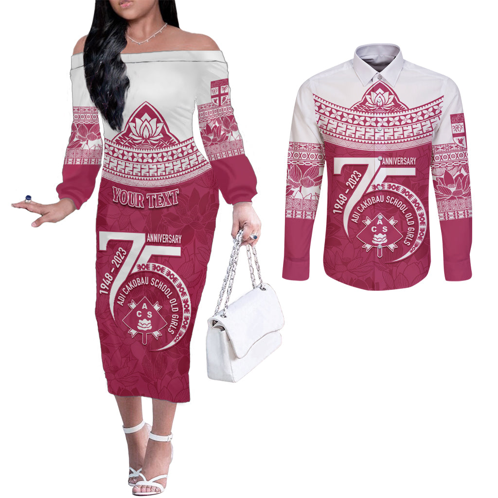 Personalised Fiji Adi Cakobau School Couples Matching Off The Shoulder Long Sleeve Dress and Long Sleeve Button Shirts ACS Old Girls Lotus Mix Masi LT7 Crimson - Polynesian Pride