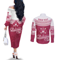 Personalised Fiji Adi Cakobau School Couples Matching Off The Shoulder Long Sleeve Dress and Long Sleeve Button Shirts ACS Old Girls Lotus Mix Masi LT7 - Polynesian Pride