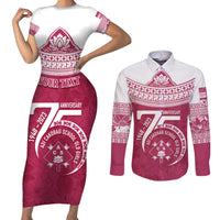 Personalised Fiji Adi Cakobau School Couples Matching Short Sleeve Bodycon Dress and Long Sleeve Button Shirts ACS Old Girls Lotus Mix Masi LT7 Crimson - Polynesian Pride