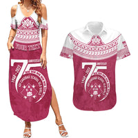 Personalised Fiji Adi Cakobau School Couples Matching Summer Maxi Dress and Hawaiian Shirt ACS Old Girls Lotus Mix Masi LT7 Crimson - Polynesian Pride