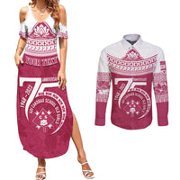 Personalised Fiji Adi Cakobau School Couples Matching Summer Maxi Dress and Long Sleeve Button Shirts ACS Old Girls Lotus Mix Masi LT7 Crimson - Polynesian Pride