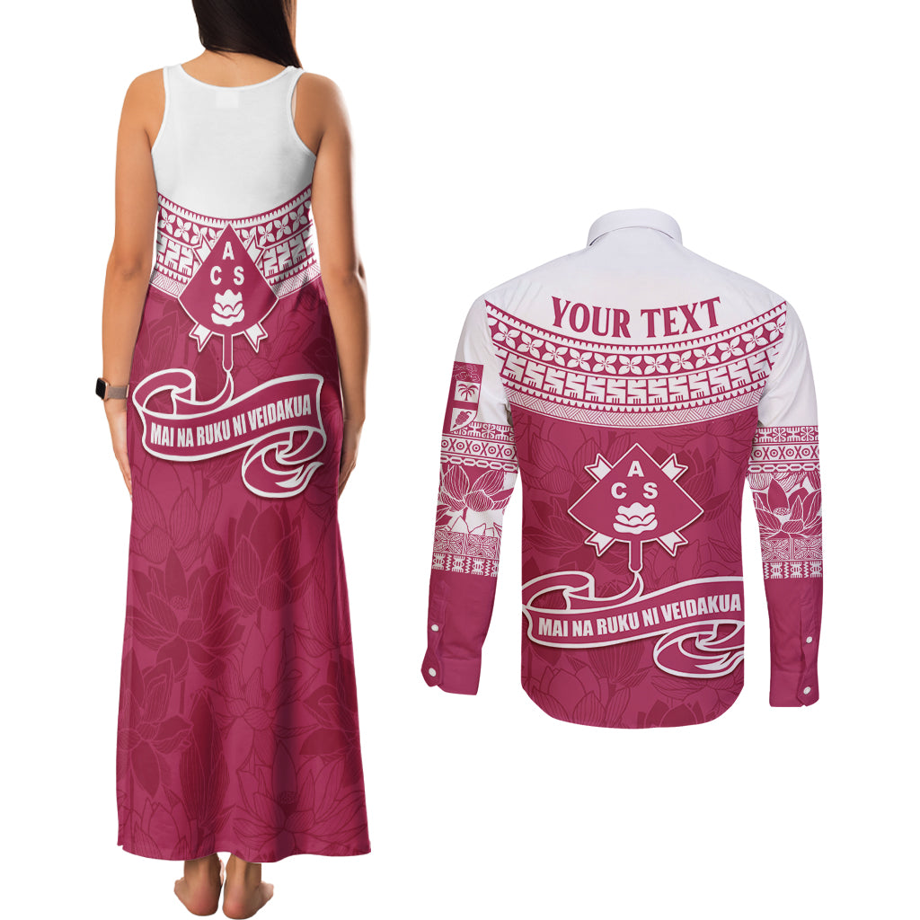 Personalised Fiji Adi Cakobau School Couples Matching Tank Maxi Dress and Long Sleeve Button Shirts ACS Old Girls Lotus Mix Masi LT7 - Polynesian Pride
