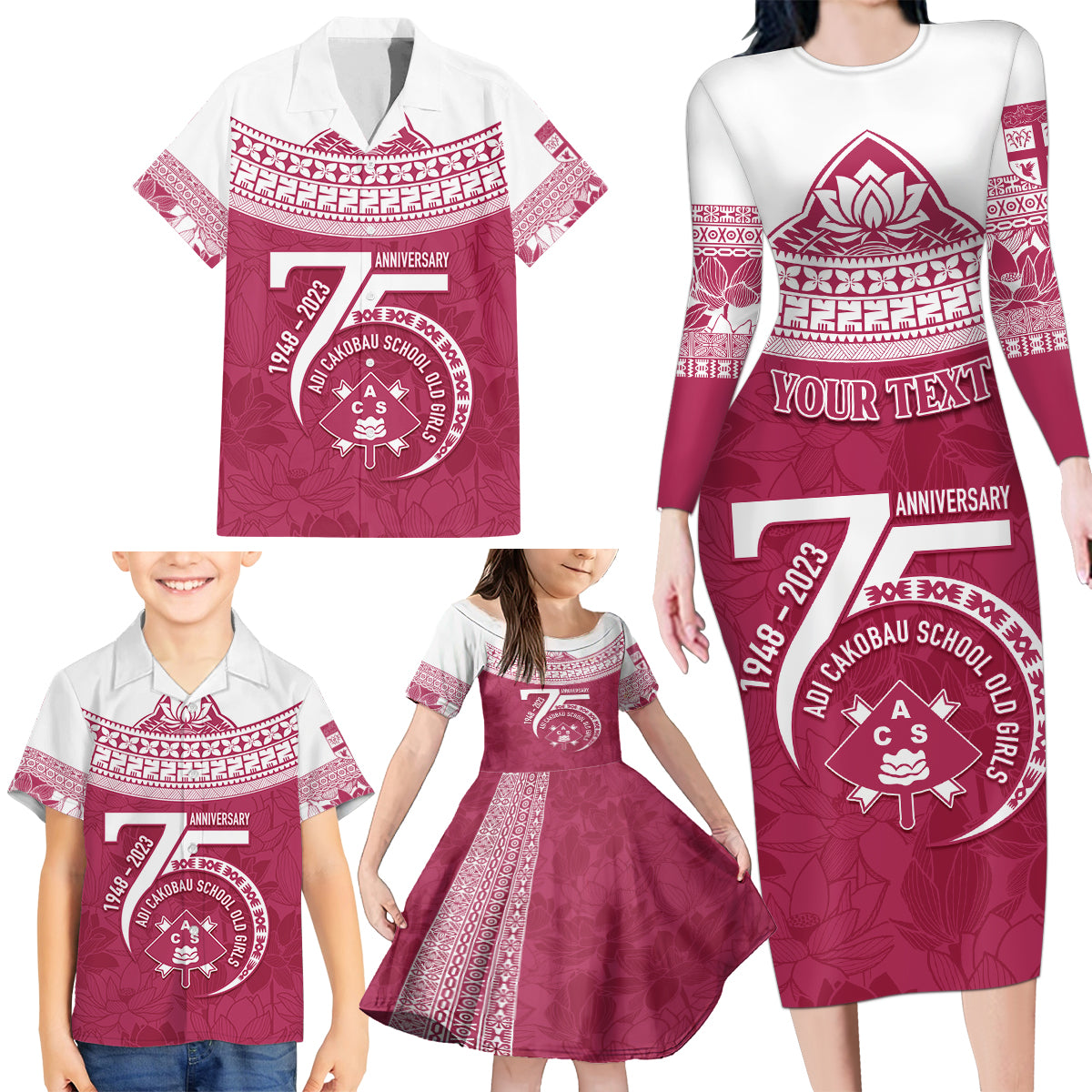 Personalised Fiji Adi Cakobau School Family Matching Long Sleeve Bodycon Dress and Hawaiian Shirt ACS Old Girls Lotus Mix Masi LT7 - Polynesian Pride