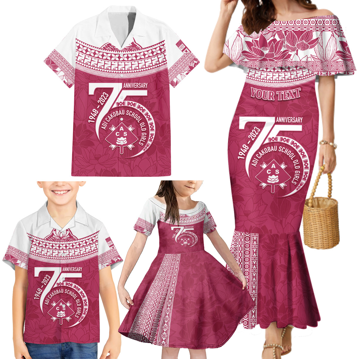 Personalised Fiji Adi Cakobau School Family Matching Mermaid Dress and Hawaiian Shirt ACS Old Girls Lotus Mix Masi LT7 - Polynesian Pride