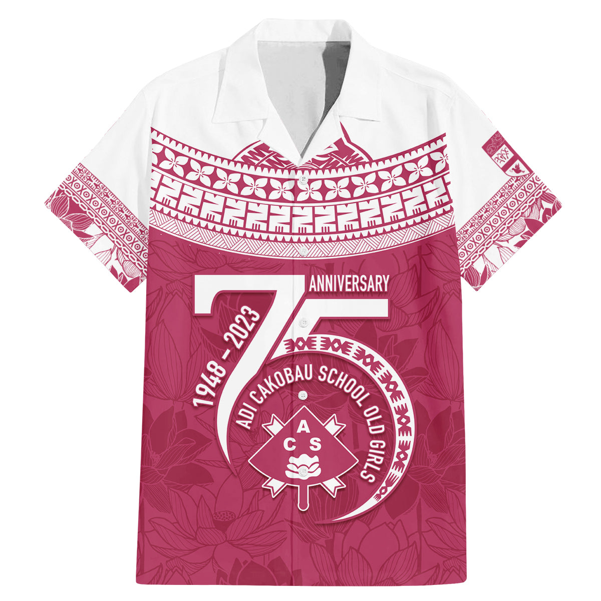 Personalised Fiji Adi Cakobau School Family Matching Mermaid Dress and Hawaiian Shirt ACS Old Girls Lotus Mix Masi LT7 Dad's Shirt - Short Sleeve Crimson - Polynesian Pride