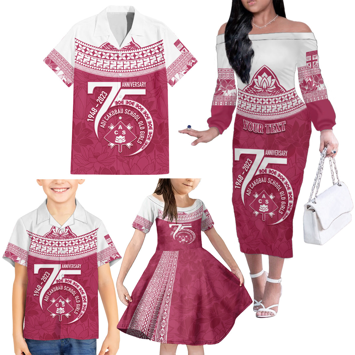 Personalised Fiji Adi Cakobau School Family Matching Off Shoulder Long Sleeve Dress and Hawaiian Shirt ACS Old Girls Lotus Mix Masi LT7 - Polynesian Pride