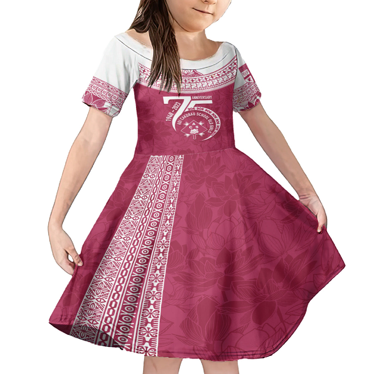 Personalised Fiji Adi Cakobau School Family Matching Off Shoulder Maxi Dress and Hawaiian Shirt ACS Old Girls Lotus Mix Masi LT7 Daughter's Dress Crimson - Polynesian Pride