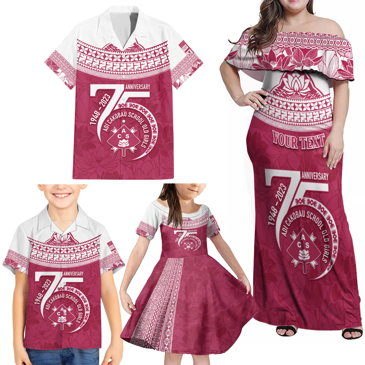 Personalised Fiji Adi Cakobau School Family Matching Off Shoulder Maxi Dress and Hawaiian Shirt ACS Old Girls Lotus Mix Masi LT7 - Polynesian Pride