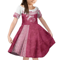 Personalised Fiji Adi Cakobau School Family Matching Off Shoulder Short Dress and Hawaiian Shirt ACS Old Girls Lotus Mix Masi LT7 Daughter's Dress Crimson - Polynesian Pride