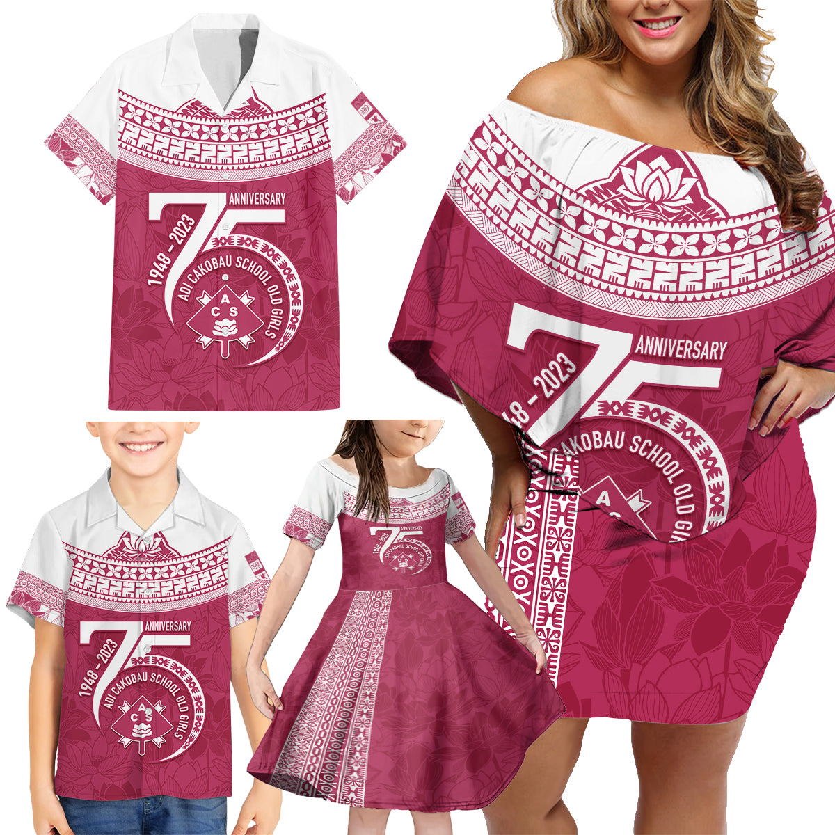 Personalised Fiji Adi Cakobau School Family Matching Off Shoulder Short Dress and Hawaiian Shirt ACS Old Girls Lotus Mix Masi LT7 - Polynesian Pride