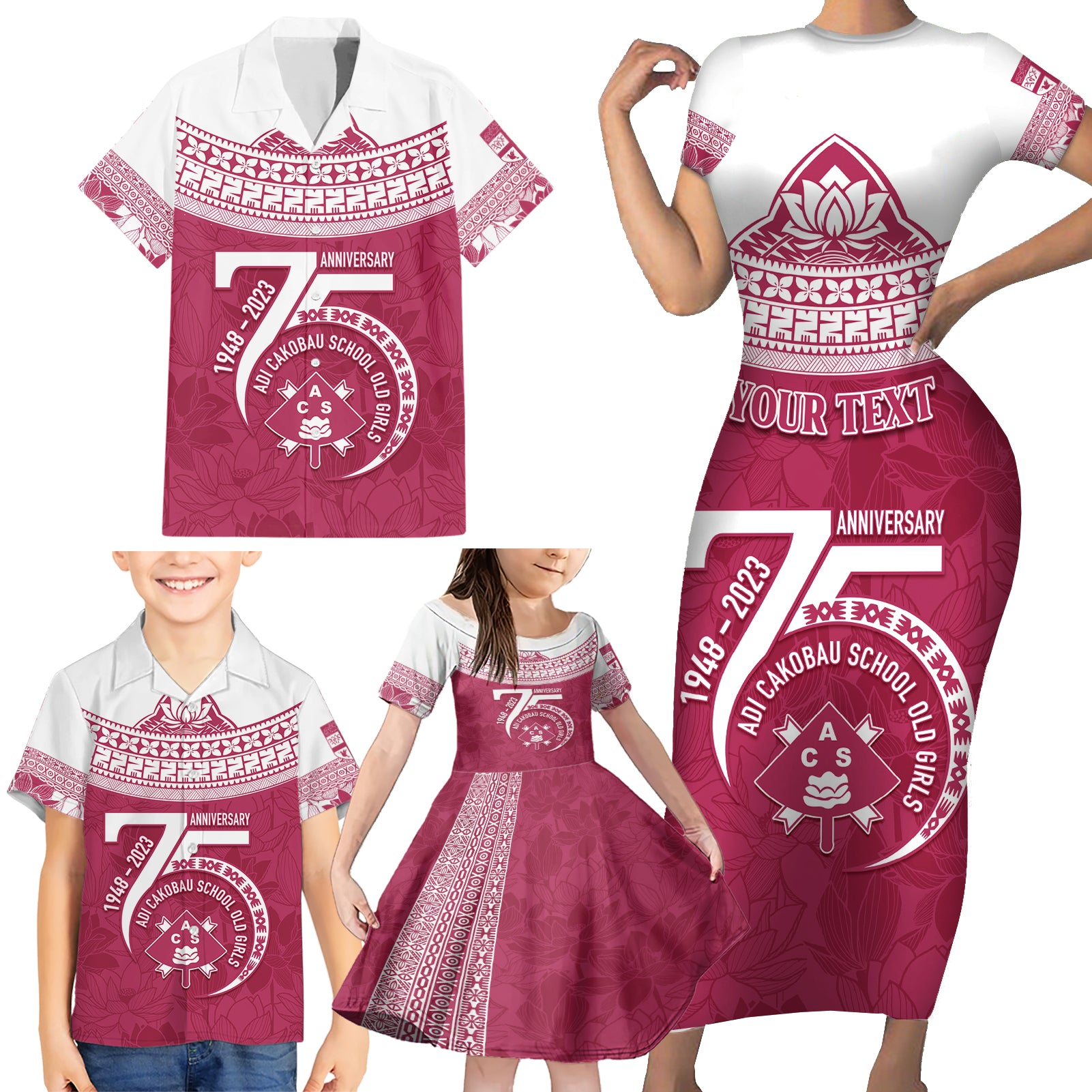 Personalised Fiji Adi Cakobau School Family Matching Short Sleeve Bodycon Dress and Hawaiian Shirt ACS Old Girls Lotus Mix Masi LT7 - Polynesian Pride