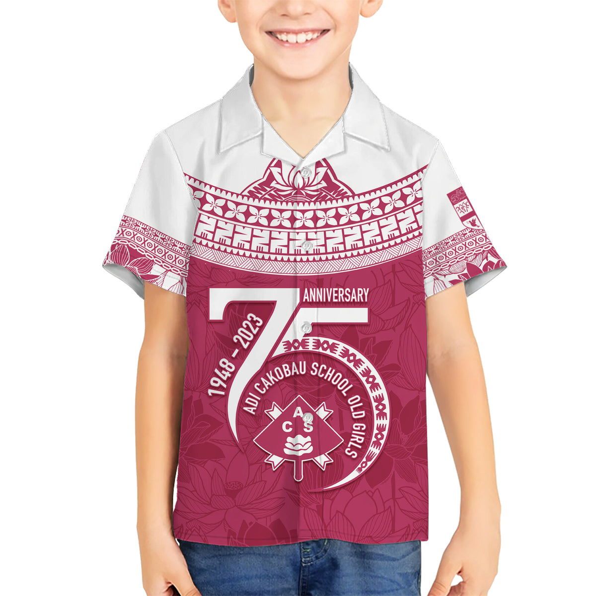 Personalised Fiji Adi Cakobau School Family Matching Short Sleeve Bodycon Dress and Hawaiian Shirt ACS Old Girls Lotus Mix Masi LT7 Son's Shirt Crimson - Polynesian Pride