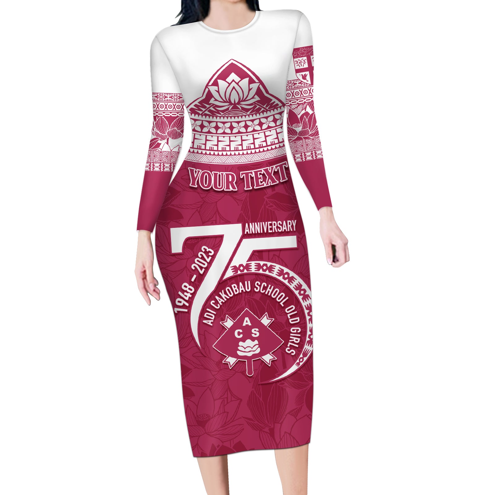 Personalised Fiji Adi Cakobau School Long Sleeve Bodycon Dress ACS Old Girls Lotus Mix Masi LT7 Long Dress Crimson - Polynesian Pride