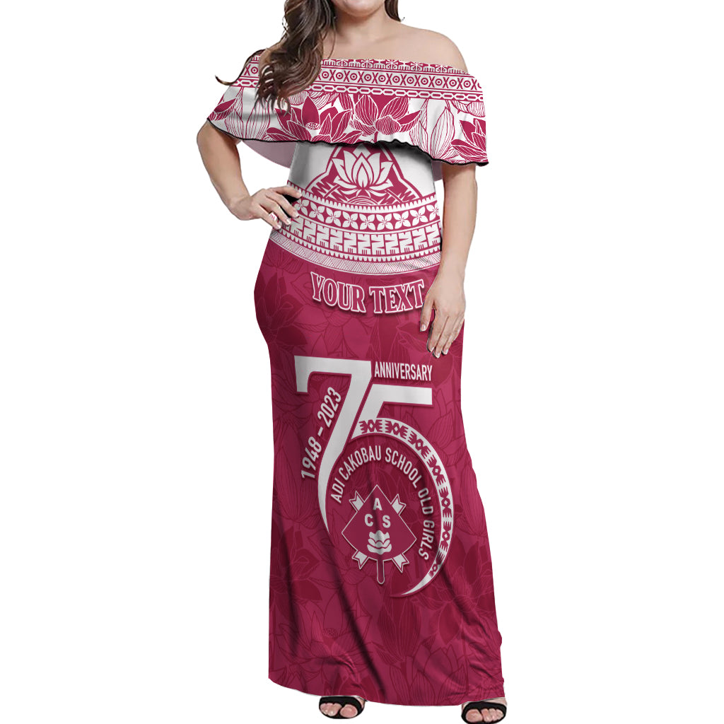 Personalised Fiji Adi Cakobau School Off Shoulder Maxi Dress ACS Old Girls Lotus Mix Masi LT7 Women Crimson - Polynesian Pride