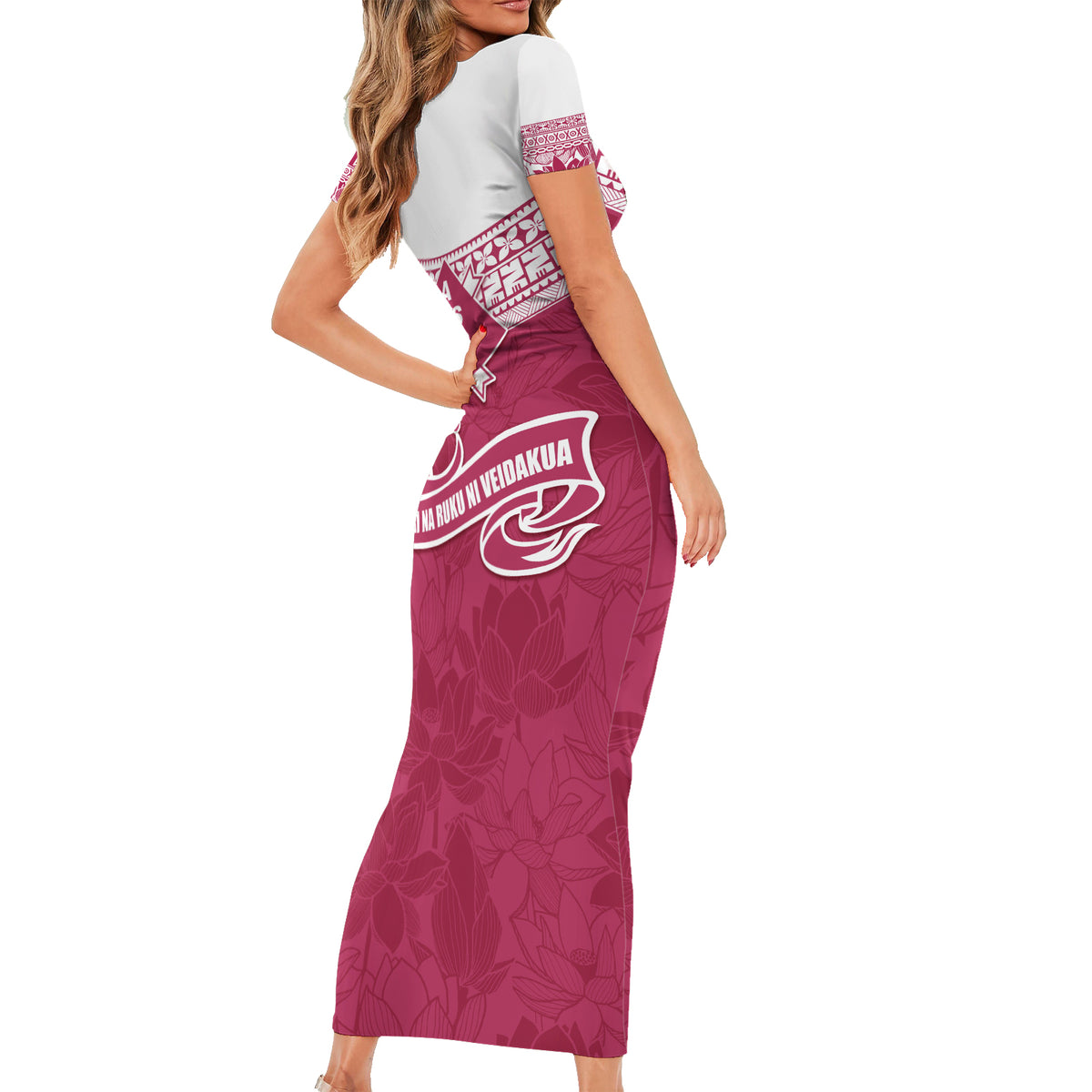 Personalised Fiji Adi Cakobau School Short Sleeve Bodycon Dress ACS Old Girls Lotus Mix Masi LT7 - Polynesian Pride