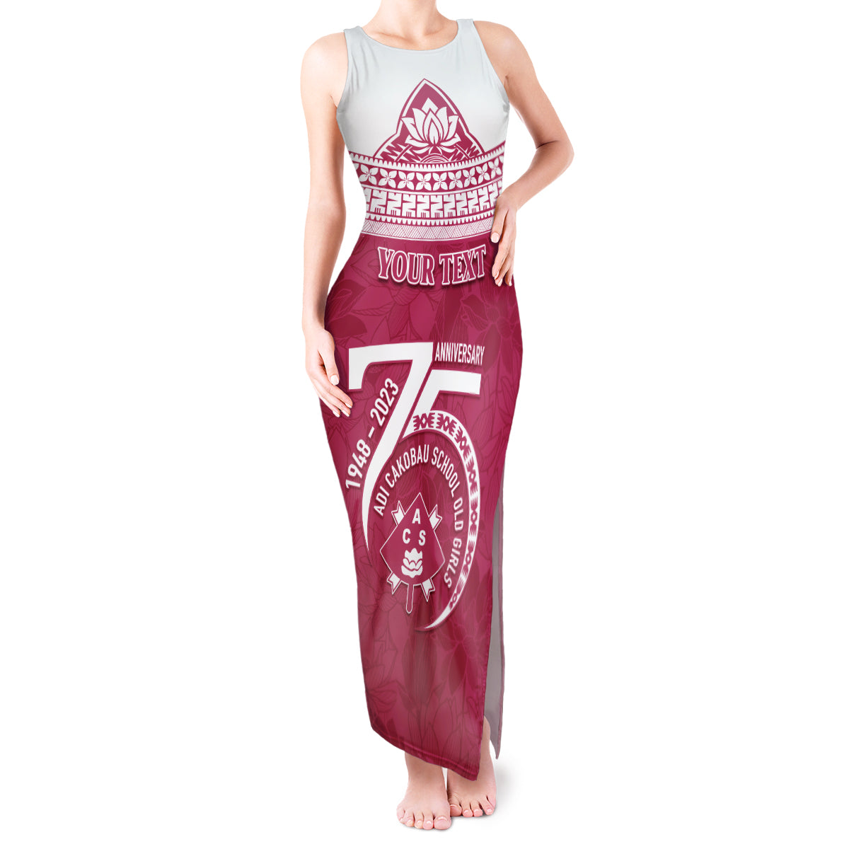 Personalised Fiji Adi Cakobau School Tank Maxi Dress ACS Old Girls Lotus Mix Masi LT7 Women Crimson - Polynesian Pride