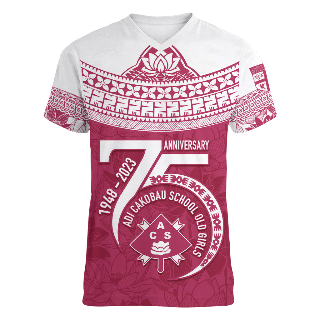 Personalised Fiji Adi Cakobau School Women V Neck T Shirt ACS Old Girls Lotus Mix Masi LT7 Female Crimson - Polynesian Pride