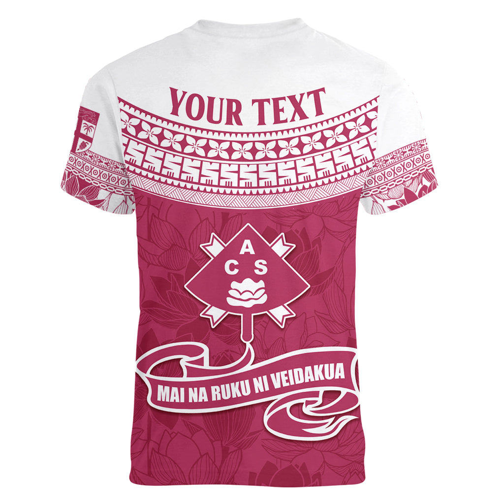 Personalised Fiji Adi Cakobau School Women V Neck T Shirt ACS Old Girls Lotus Mix Masi LT7 - Polynesian Pride