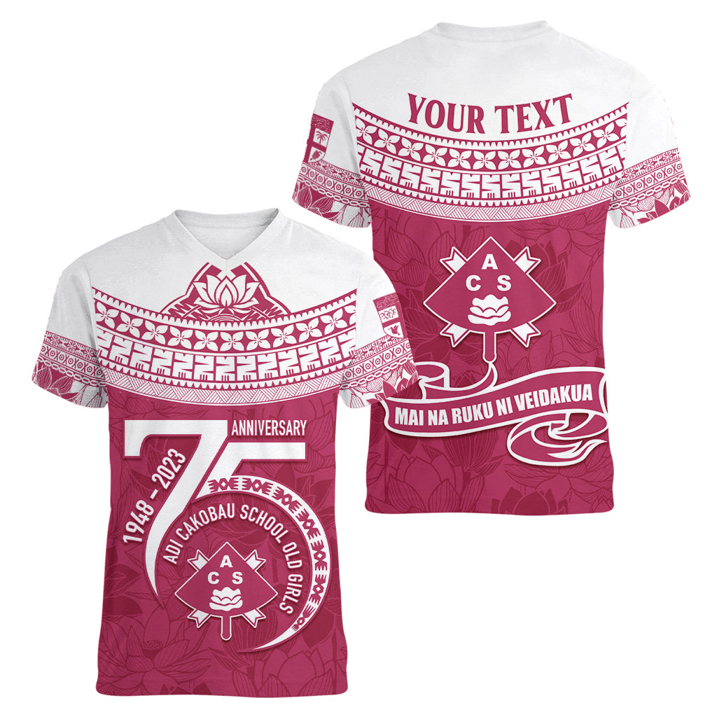 Personalised Fiji Adi Cakobau School Women V Neck T Shirt ACS Old Girls Lotus Mix Masi LT7 - Polynesian Pride