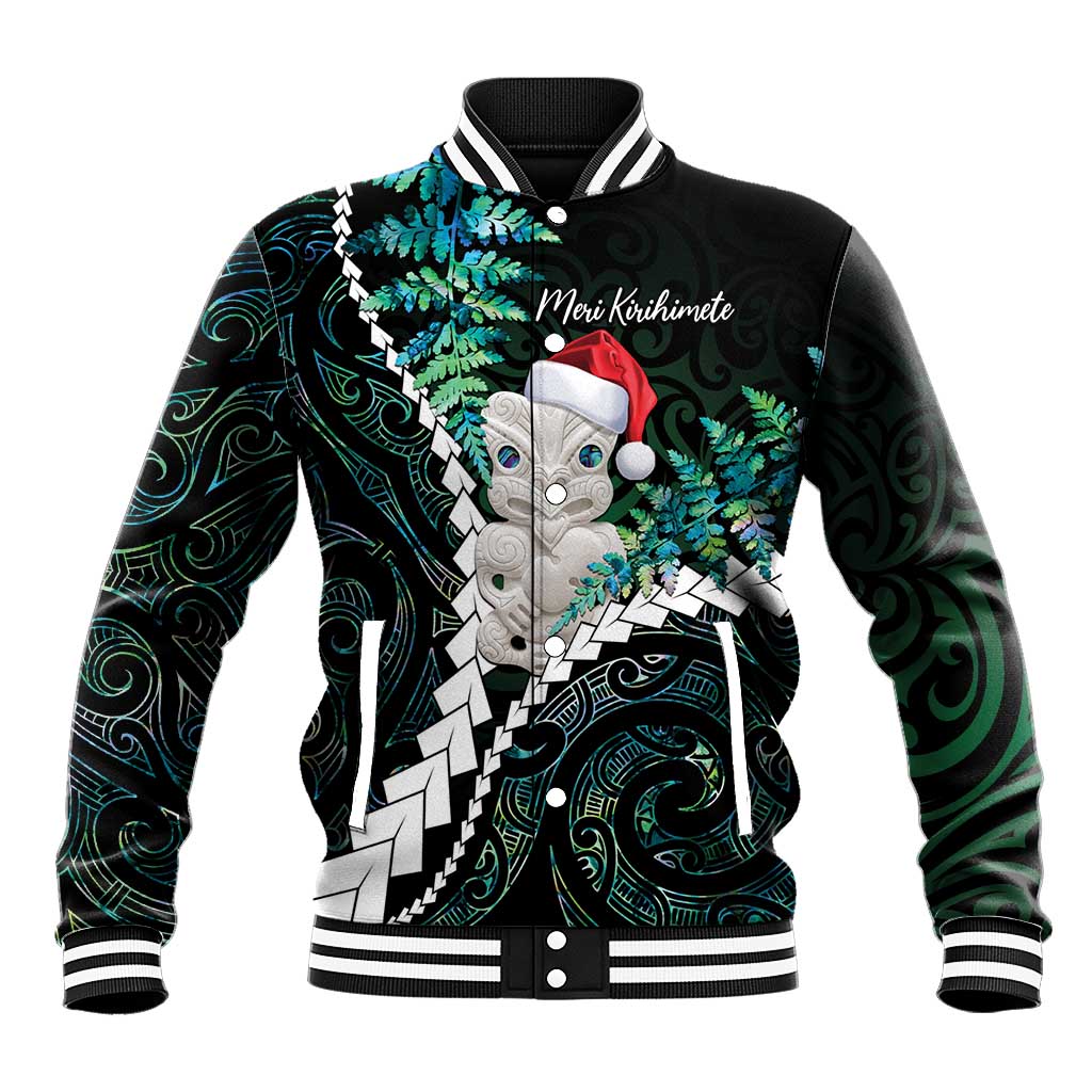 New Zealand Personalised Baseball Jacket Meri Kirihimete Kowhaiwhai Mix Paua Shell - Emerald LT7 Unisex Green - Polynesian Pride