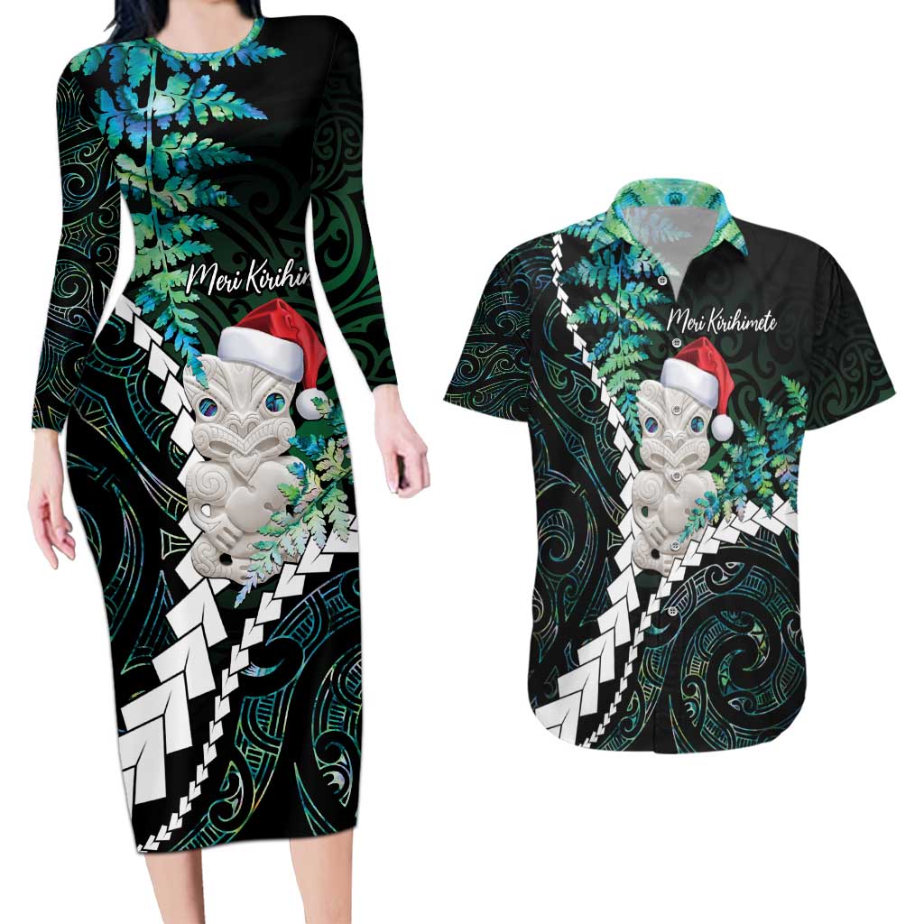 New Zealand Personalised Couples Matching Long Sleeve Bodycon Dress and Hawaiian Shirt Meri Kirihimete Kowhaiwhai Mix Paua Shell - Emerald