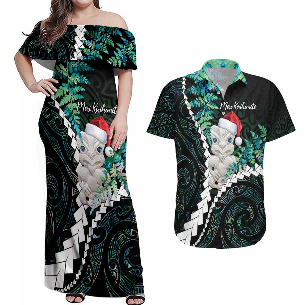 New Zealand Personalised Couples Matching Off Shoulder Maxi Dress and Hawaiian Shirt Meri Kirihimete Kowhaiwhai Mix Paua Shell - Emerald